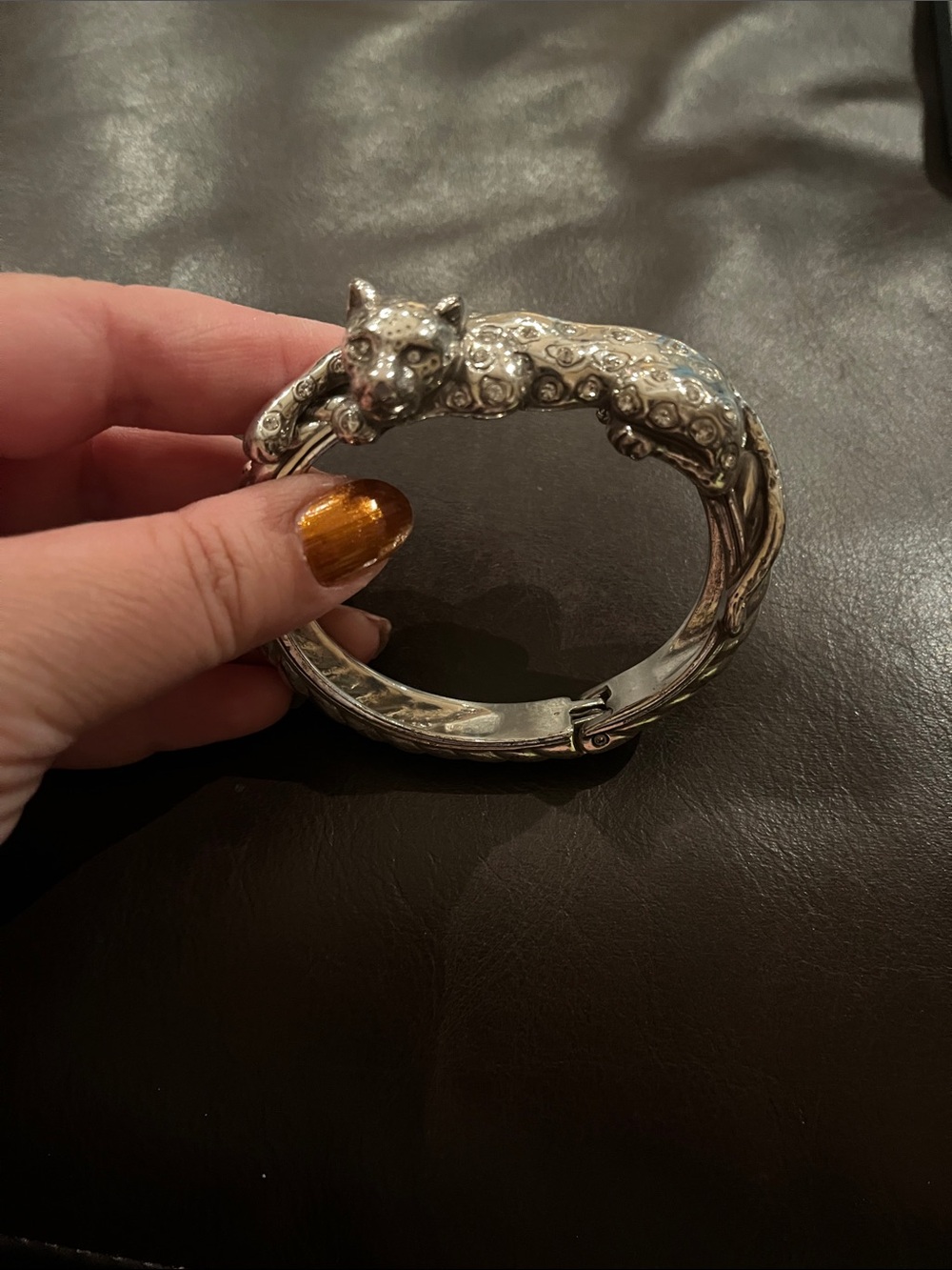 Brighton Leopard Lux Vintage Silver Tone Hinged Bangle Bracelet